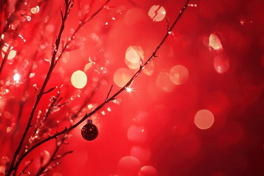 Christmas Tree In Red Background - Ornament And Abstract Defocused Lights