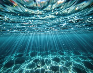 Underwater View of Sparkling Water with Sunlight Rays Filtering Through Surface Layers
