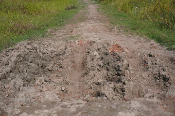 Clay soil dirt farm road in brown field landscape