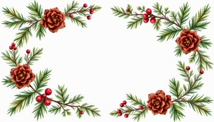 Festive Arrangement of Pine Cones and Berries with Greenery on a White Background