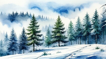 Serene Winter Wonderland with Snowy Trees and Misty Mountains in Soft Watercolor Style