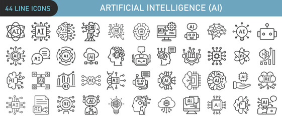 Artificial intelligence line icons set, ai, machine learning, big data, smart system, neural network and future technology concept