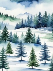 Winter Landscape Watercolor Depicting Evergreen Forests Under Misty Mountains and Snow