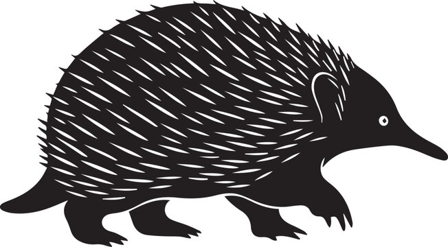 Monotreme echidna animal silhouette primitive linocut style artistic drawing cute wildlife