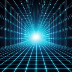 Futuristic Digital Tunnel with Blue Light and Grid Pattern Illustrating Technology Concept