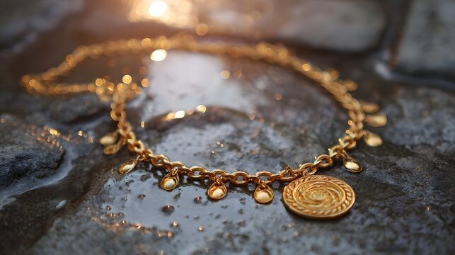 A close up of a golden necklace with charms and a spiral pendant resting on a wet stone surface under soft light