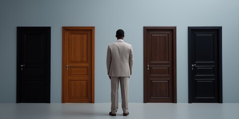 African male in suit facing three different colored doors contemplating choices