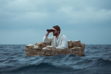 Young caucasian male in book boat on open sea with binoculars