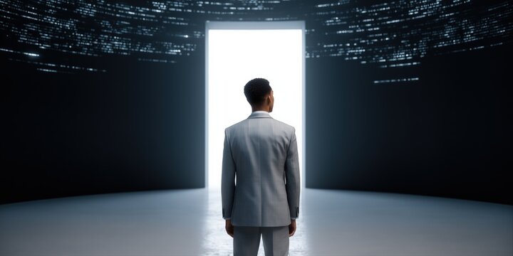 Young african male facing bright portal in futuristic setting