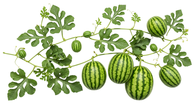 Watermelon vine, with developing fruits and green leaves, cutout, PNG isolated on white or transparent background