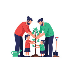 Fototapeta premium Two fathers and their daughters planting a tree sapling, teaching about environmental responsibility in a family activity.