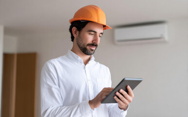 Focused professional technician, man and worker with tablet, performs air conditioner maintenance and inspection while wearing hard hat, looking very concentrated