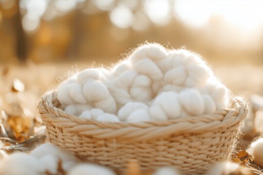Handmade basket filled with creamy white cotton rovin, resting on a soft ground, surrounded by autumn leaves, capturing the essence of natural materials and seasonal beauty