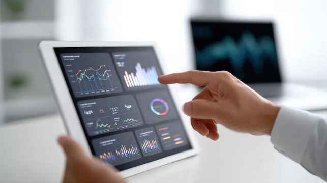 Focused businessman in modern office, hand gesturing on tablet screen. Concentrated analysis of financial data, chart, and graph for business intelligence and growth strategy