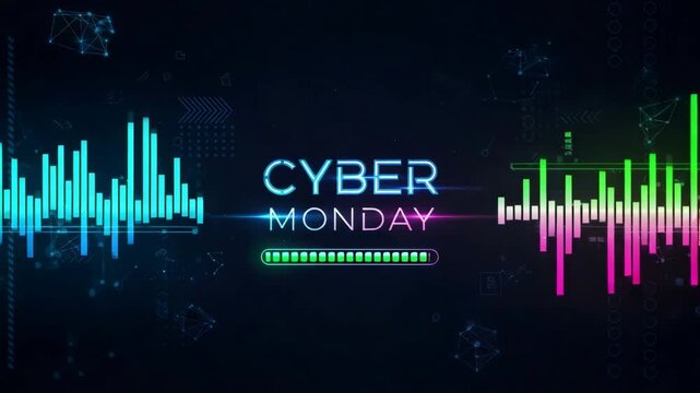Moving Cyber Monday neon text with animated equalizer bars for digital marketing and online mega sales promotion