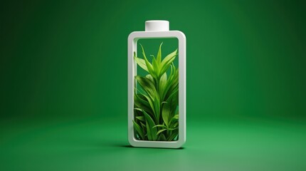 Green plant growing inside a clear rectangular bottle against a green background