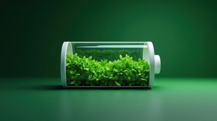 Green energy battery filled with vibrant growing plants symbolizing sustainability