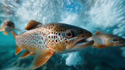 Close-up of a brown trout swimming in a freshwater stream, with water disturbance in the foreground