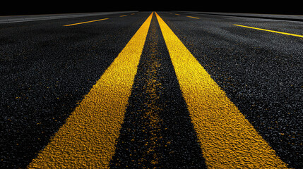 A close-up shot of a road with yellow lines, emphasizing the path and direction