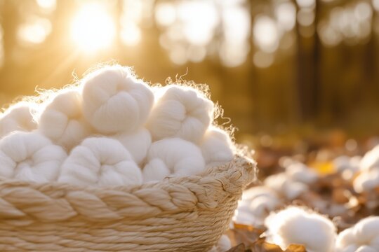 Handmade basket filled with creamy white cotton rovin, illuminated by warm sunlight, surrounded by autumn leaves, creating a serene and inviting atmosphere in nature