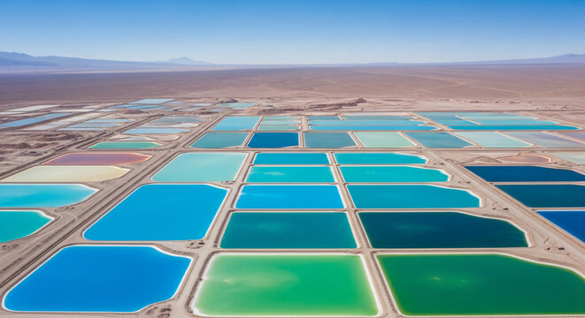 Aerial of atacama desert lithium mine, geometric evaporation ponds