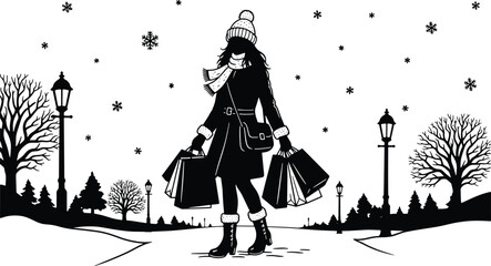 Silhouette of a stylish woman walking with shopping bags in winter park