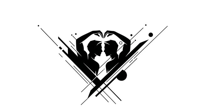 Two silhouetted figures facing each other with hands forming a heart and abstract geometric shapes