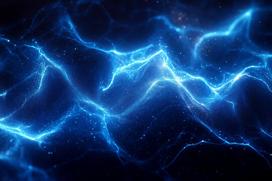 Generative AI abstract visualization of colorful sound waves and acoustic data flow with glowing particles in motion across dark background