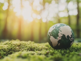 Earth Day: A green globe sits in a mossy forest, with soft sunlight shining through. It represents caring for our environment.
