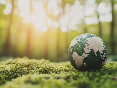 Earth Day: A green globe sits in a mossy forest, with soft sunlight shining through. It represents caring for our environment.