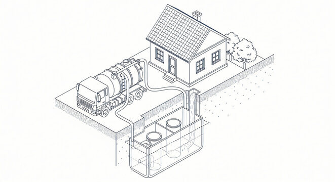 Axonometric blueprint of rural sanitation process with suction truck