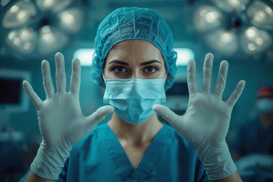  Female surgeon wearing crisp blue surgical scrubs and a mask, holding her gloved hands up in a sterile position