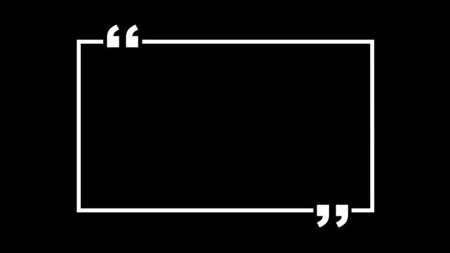 square quote box icon animation. Rectangular quote mark graphic animation. Animated square quote frame design for textual quotation, paraphrasing, or text spoken by on black background.