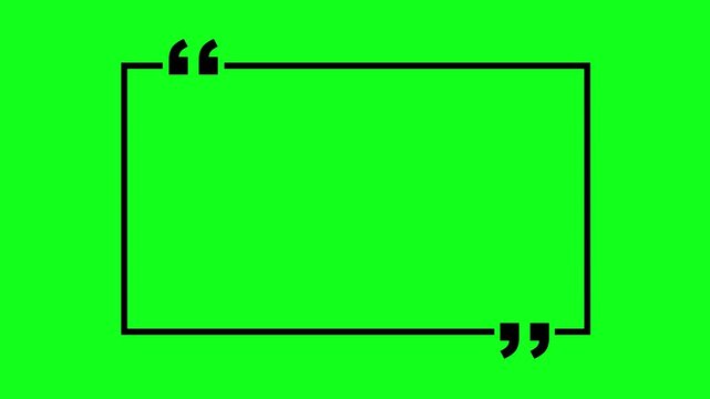 square quote box icon animation. Rectangular quote mark graphic animation. Animated square quote frame design for textual quotation, paraphrasing, or text spoken by on green background.