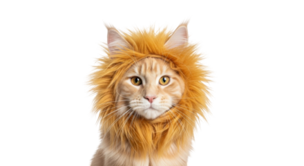 Isolated Maine Coon cat wearing a lion's mane costume, posing proudly for a pet portrait