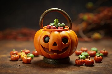 Happy halloween pumpkin candy bucket filled with colorful candies