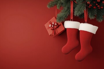Santa Claus hats or boots hanging from the branches, 3d illustration of two light red gift boxes with bows and ribbons