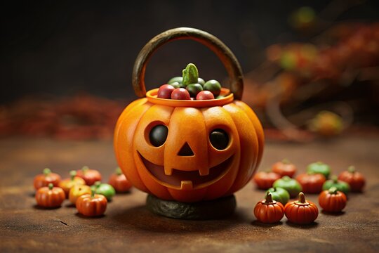 Happy halloween pumpkin candy bucket filled with colorful candies