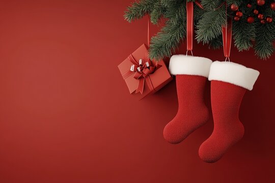 Santa Claus hats or boots hanging from the branches, 3d illustration of two light red gift boxes with bows and ribbons - Powered by Adobe