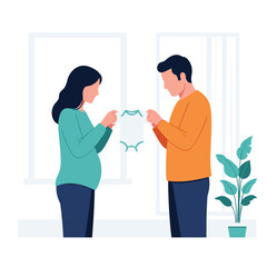 Fototapeta premium Happy expecting couple standing together and lovingly looking at a small baby onesie in preparation for their child's arrival.