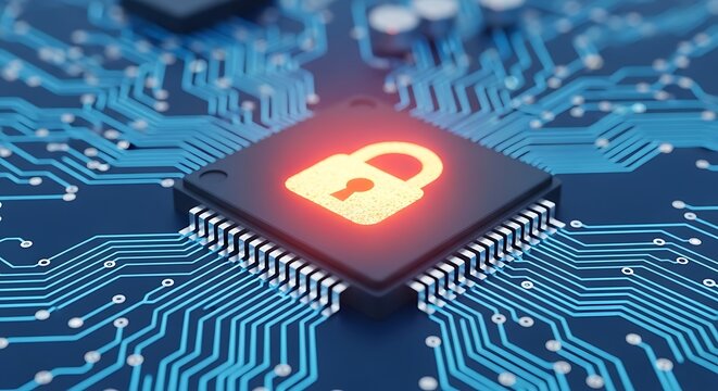 Data security concept showing a padlock icon on a microchip, representing cybersecurity and protection of digital information from cyber threats