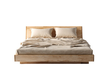 Simple, light-colored wooden bed with neutral bedding