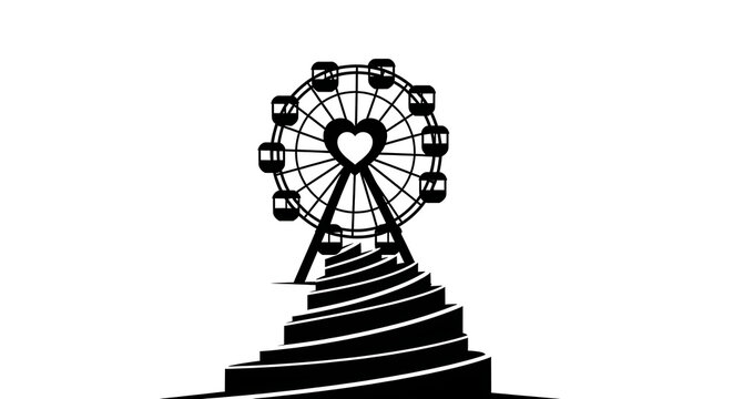 A black and white illustration of a ferris wheel with a heart and stairs leading up to it