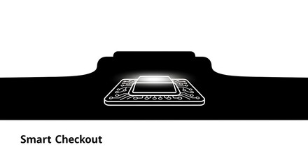Stylized smart checkout illustration with chip on black surface and white background design element