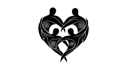 Obraz premium Black and white image of a heart shaped design with figures and swirling patterns on a white background