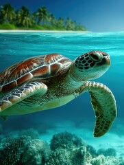 Fototapeta premium Majestic sea turtle gliding gracefully in clear blue underwater waters