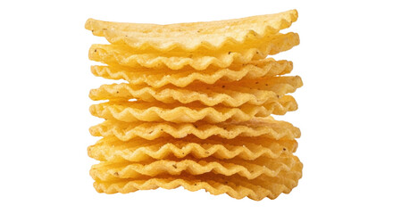 Isolated pile of wavy potato chips, crunchy snack food for party, pub or picnic, appetite concept