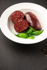 Black pudding blood sausage dish natural product tasty snack fresh delicious gourmet food background on the table rustic top view copy space