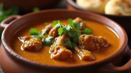 Delicious chicken curry served in a rustic bowl garnished with fresh cilantro