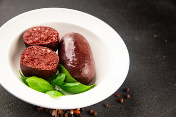 Black pudding blood sausage dish natural product tasty snack fresh delicious gourmet food background on the table rustic top view copy space
